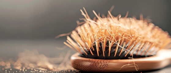 Close-up of a hairbrush with loose strands of hair, symbolizing hair loss, personal care item