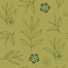 Outline tea leaves, stems and flowers seamless pattern. Hand drawn line art drawings of tea branches. Green and black tea. Doodle botanical background. Wallpaper, digital paper. Nature. 