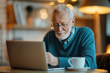 Senior telehealth featuring an elderly man engaged in an online doctor consultation via laptop, showcasing accessible healthcare.