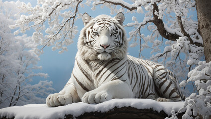 A white tiger is lying on a snowy rock
