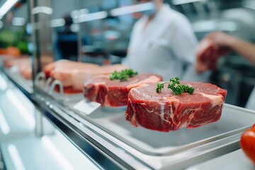 Scientist examining meat samples in a lab setting. She is wearing a lab coat and safety glasses.