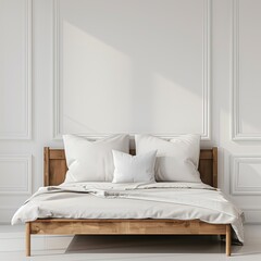 white bedroom in front of empty wall