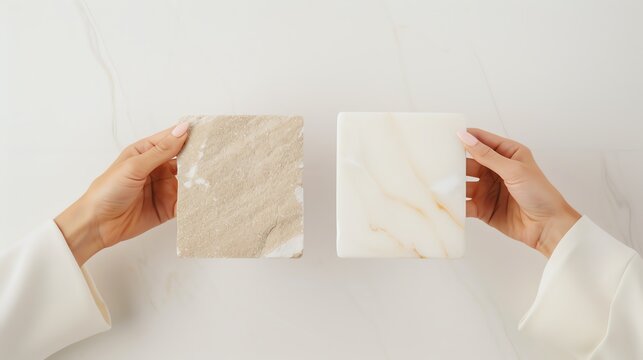 Comparing with Other Materials A woman holding a marble sample in one hand and comparing it with another material sample in the other hand