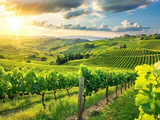 Fototapeta premium sandy road through green vineyards in summer on a sunny day