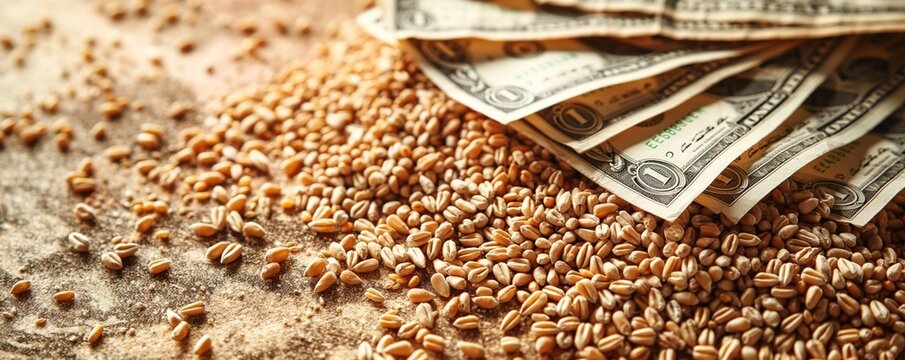 The image showcases wheat grains scattered next to US dollar bills, emphasizing the economic value of agricultural commodities and the correlation between agriculture and finance.