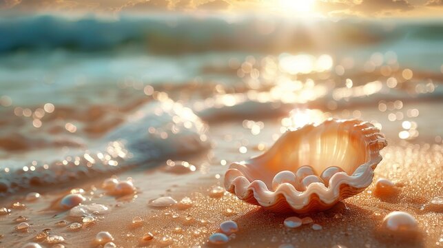 A coastal scene at sunset showing an open clam shell with pearls glistening as water washes over it, embodying the serene splendor of marine treasures at dusk.