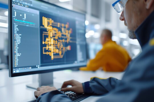 A male engineer wearing safety glasses works on a computer-aided design (CAD) project. He is using a 3D modeling software to create a virtual prototype of a new product.
