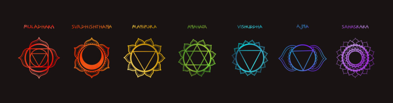Colorful vector poster of the seven chakra symbols arranged horizontally on a black background. Each chakra is depicted as a unique geometric shape with its Sanskrit name above in matching color.