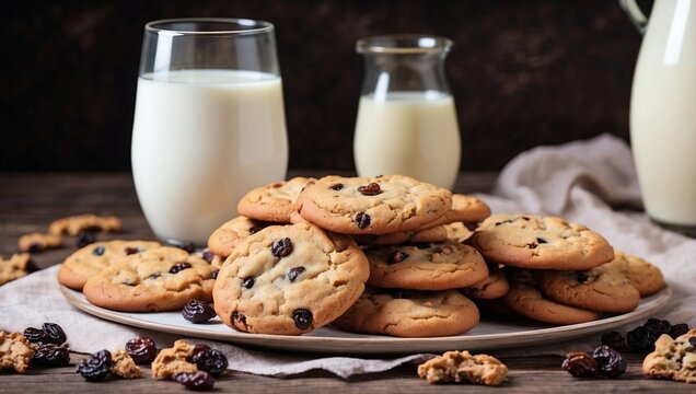 milk and cookies on wooden table