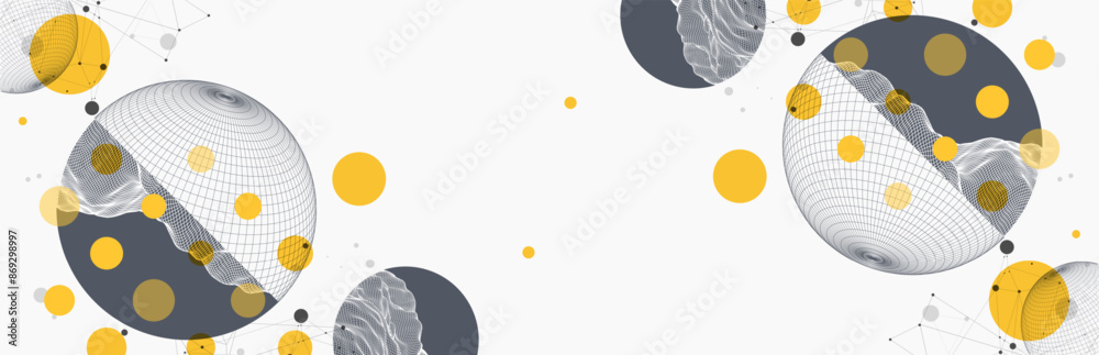 Poster Sphere  theme with connected lines in technology style background. Wireframe illustration. Abstract 3d grid design. Hand drawn.