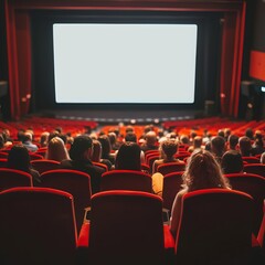 Obraz premium Cinema hall with white blank screen. Rows of seats, red cinema chairs. Theater empty scene. Movie theatre. Generative AI