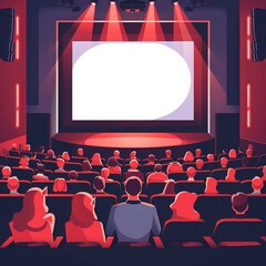 Obraz premium Cinema hall with white blank screen. Rows of seats, red cinema chairs. Theater empty scene. Movie theatre. Generative AI