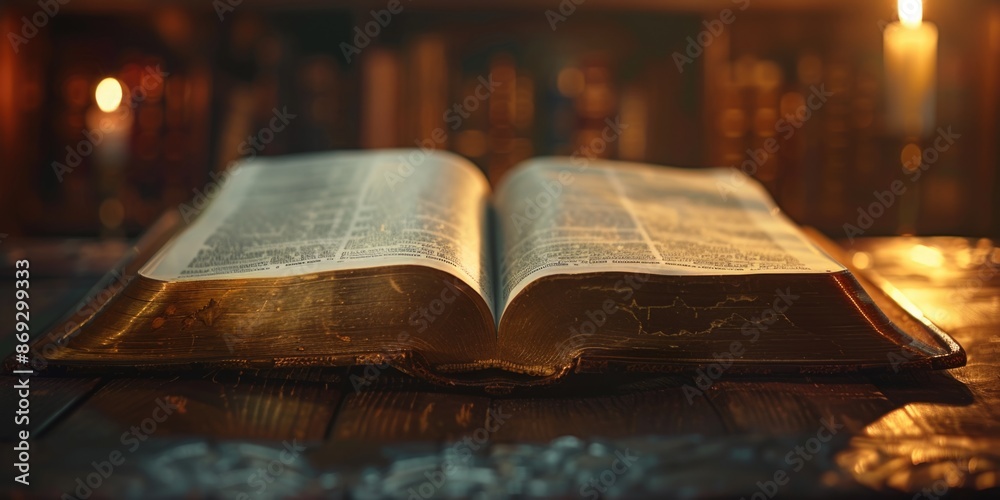 Aufkleber A single open book resting on a wooden table, possibly waiting for someone to pick it up and start reading