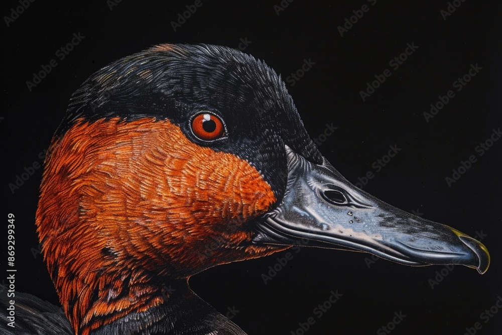 Poster a close-up shot of a duck's head on a black background