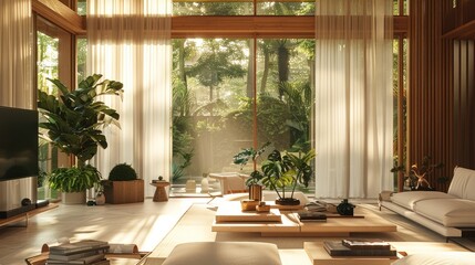 Fototapeta premium A living room blending nature and modern design: large floor-to-ceiling windows showcasing a lush garden, sunlight filtering through sheer curtains, and floors exuding warmth. Generative AI.