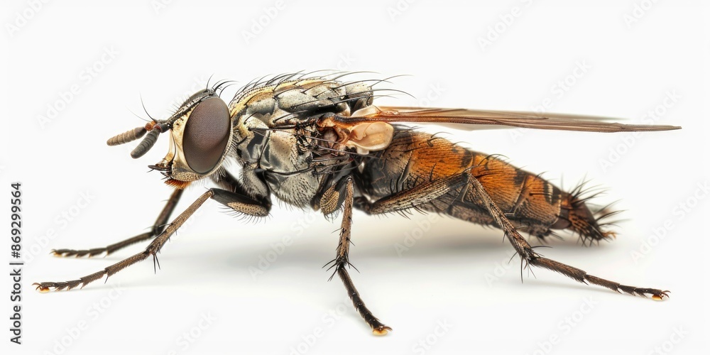Poster A close-up view of a fly sitting on a white surface, offering various uses for editorial and commercial purposes