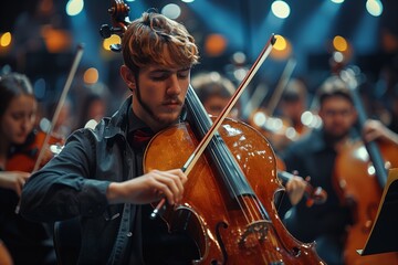 Fototapeta premium Young Musician Playing Cello During Orchestra Performance