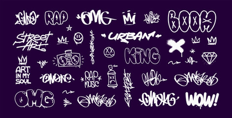 Graffiti doodle set and Street Art tags editable vector collection. Graffiti words and quotes. Rap and hip-hop grunge elements for pattern and tee print design