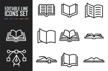 Open book line icon set. Diary, open book, pages, bookmark, magazine etc. Editable stroke