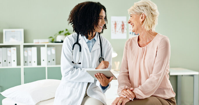 Happy woman, doctor or consulting patient with tablet in checkup for medical results, diagnosis or prescription at hospital. Female person talking to client for consultation, help or advice at clinic