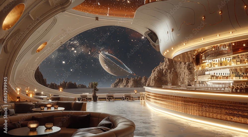 Poster a luxury resort bar and lounge in outer space, there is a space ship outside of a large window. gene