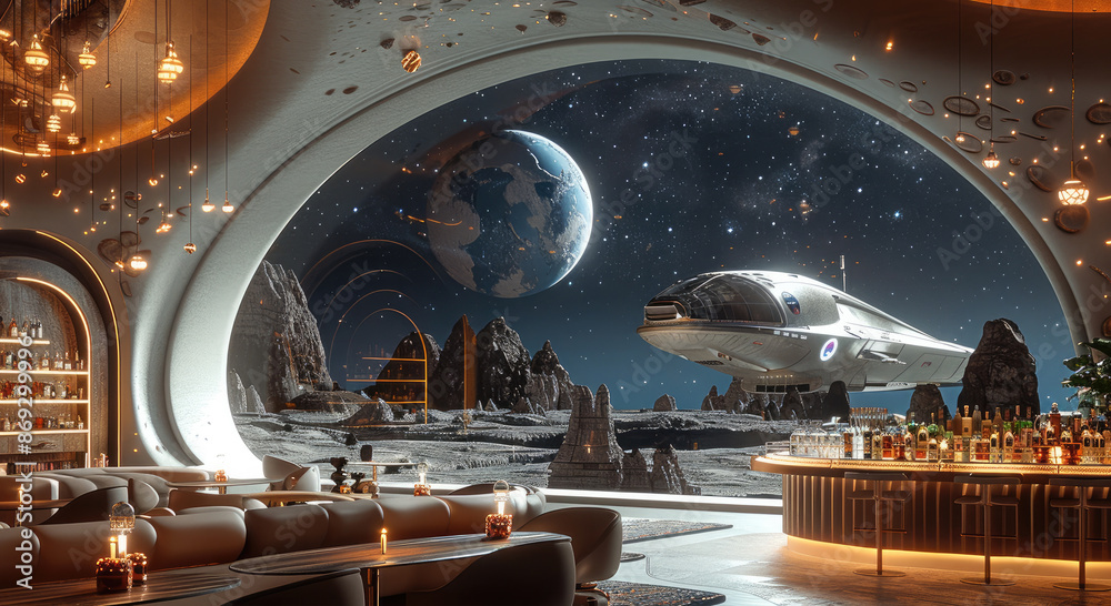 Leinwandbilder a luxury resort bar and lounge in outer space, there is a space ship outside of a large window. gene