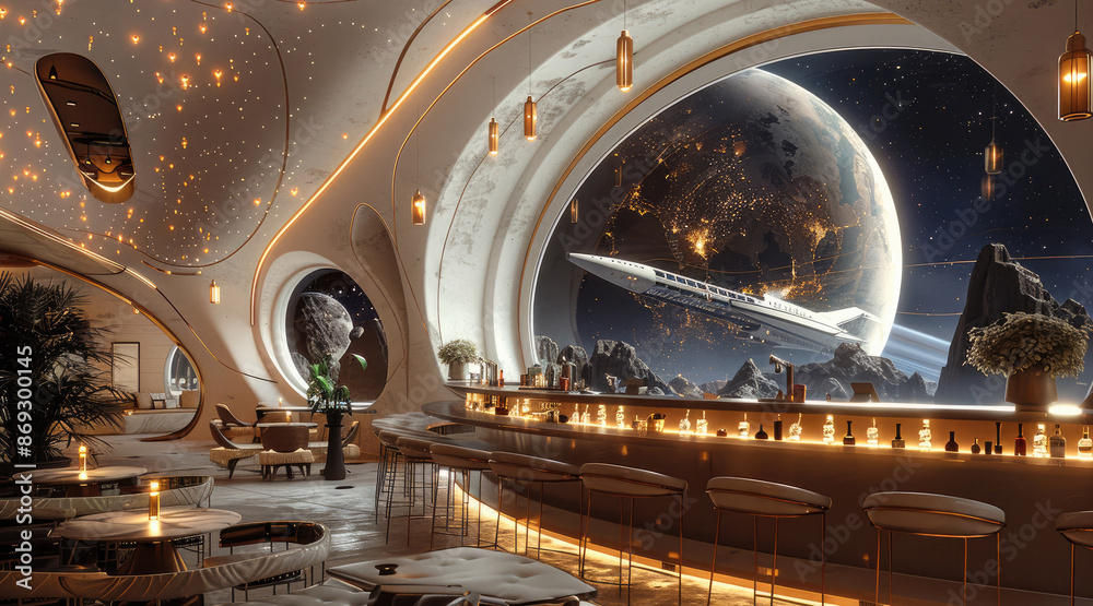 Aufkleber A luxury resort bar and lounge in outer space, there is a space ship outside of a large window. Generative AI.