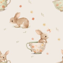 Woodland watercolor Animal for Baby Clothes Fabric, pattern with bunny