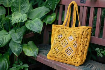 Sophisticated crochet mustard yellow tote bag with geometric patterns, casually placed on a garden bench with lush greenery