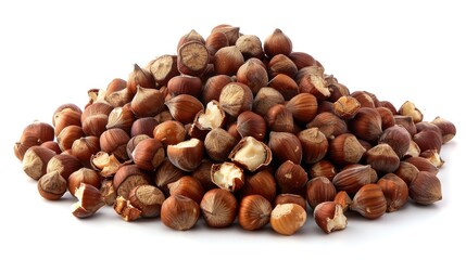 Fototapeta premium A pile of hazel nuts on a white surface, suitable for food or decoration