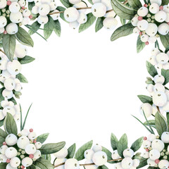 Snowberry square frame with branches and white berries watercolor isolated illustration with copy space. Hand drawn Christmas plant botanical clip art for winter holidays and New Year