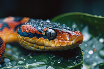 A close-up photo of a vibrant snake curled around a green leaf