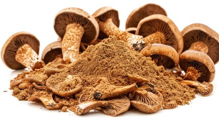 Two piles of brown mushrooms on a ground, close-up view