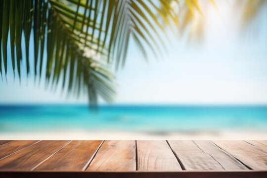 Tropical beach wooden table background