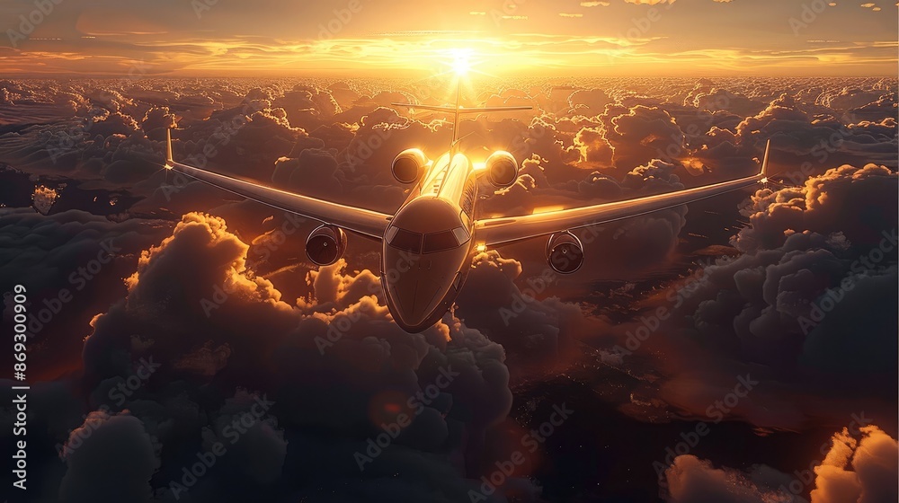 Poster a passenger plane was flying in the sky, at sunset, surrounded by clouds, the sun was setting behind