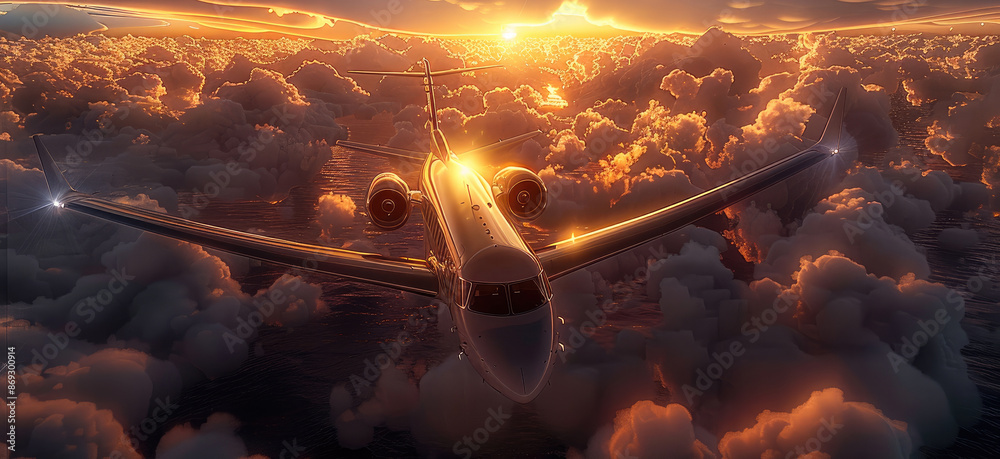 Poster a passenger plane was flying in the sky, at sunset, surrounded by clouds, the sun was setting behind