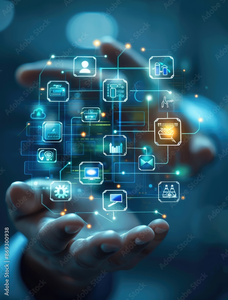Poster An engineer hand holds several icons representing smart home technology, such as lights and temperature control. icon that represent different aspects or features in technological products.