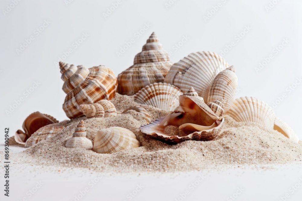 Poster a collection of seashells arranged on a white surface