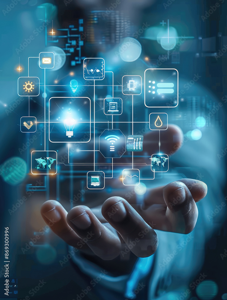 Aufkleber An engineer hand holds several icons representing smart home technology, such as lights and temperature control. icon that represent different aspects or features in technological products.