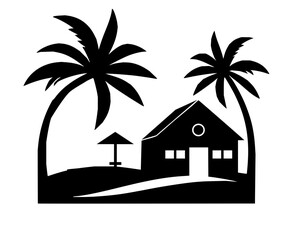 Slhouette house on the beach with palm trees