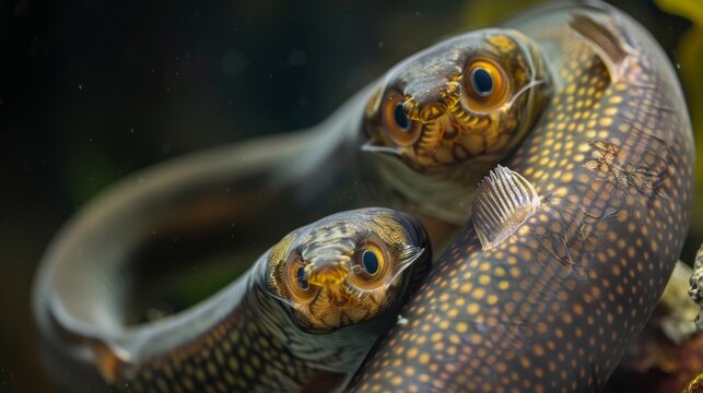 A close-up photograph of two sea lampreys entwined in a freshwater aquarium, showcasing their unique appearance and mesmerizing patterns