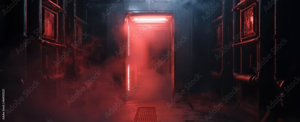 Wall mural dark corridor in a futuristic spaceship with a red light in the middle and grungy metal walls on bot