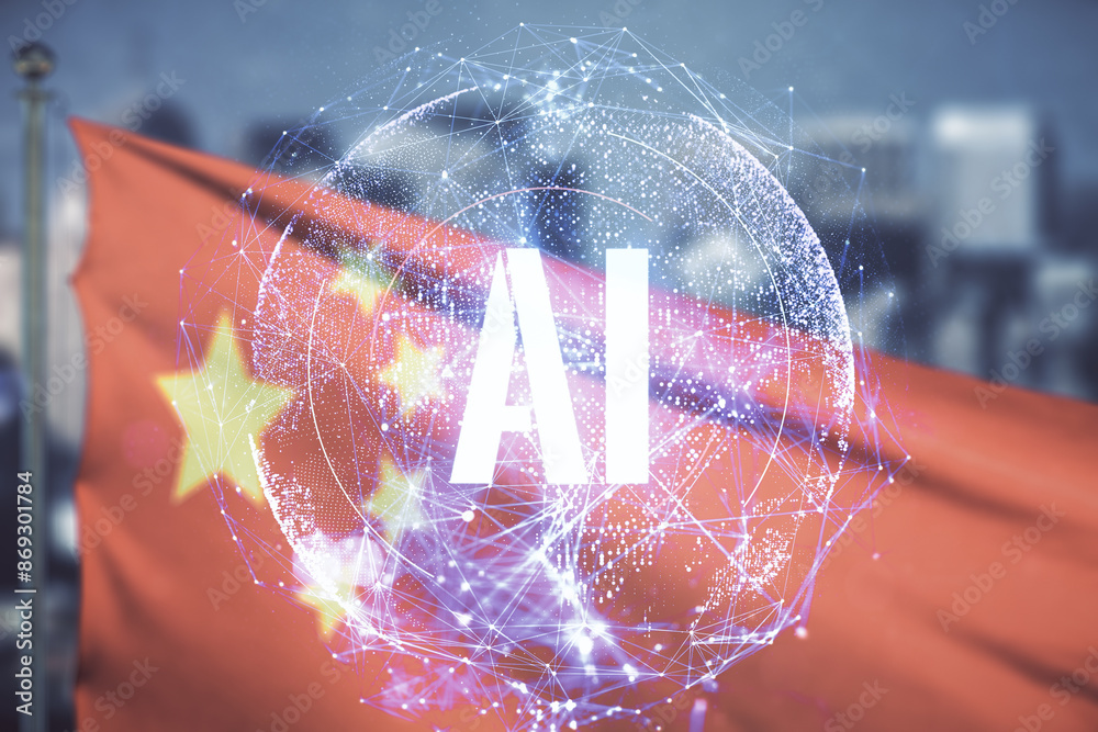 Poster abstract virtual artificial intelligence symbol hologram on flag of china and blurry cityscape backg