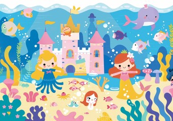Fototapeta premium A modern mermaid land landscape illustration featuring castles, fish, seaweed, treasures, princes and princesses. An ocean kingdom scene that can be used for a fairytale background or as a water