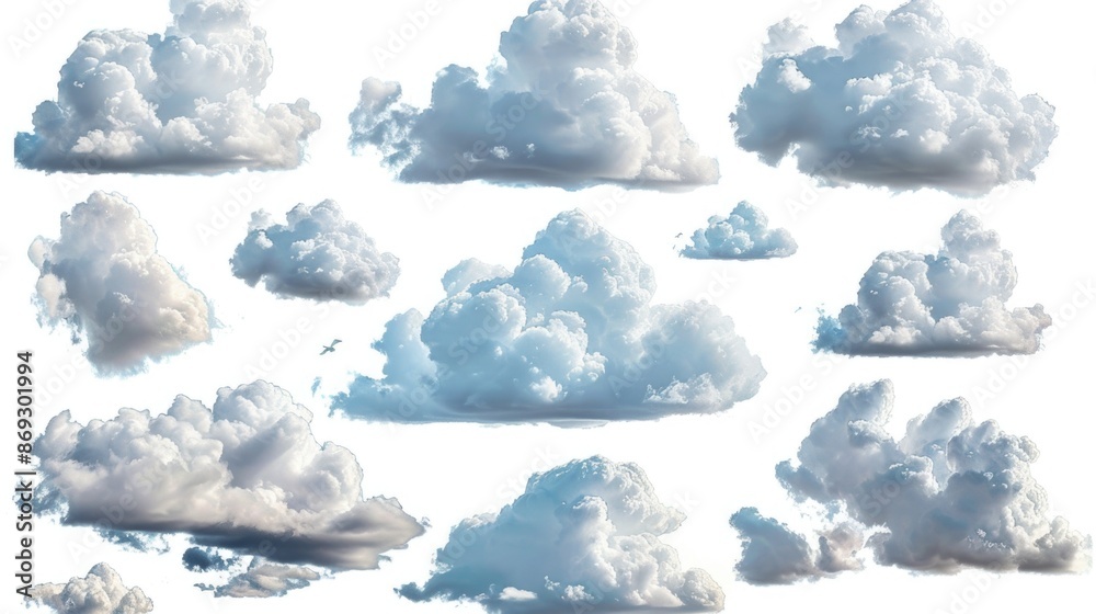 Poster A collection of clouds on a white background with soft and fluffy texture