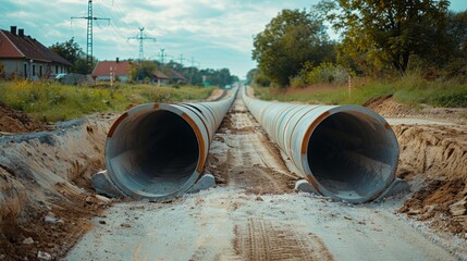 Installing concrete drainage pipes on road sides for urban water and sewage drainage