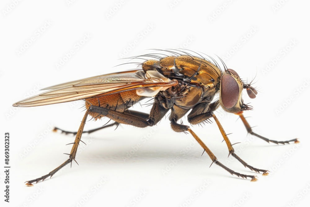 Poster a detailed view of a fly resting on a clean white surface, ideal for use in illustrations about inse