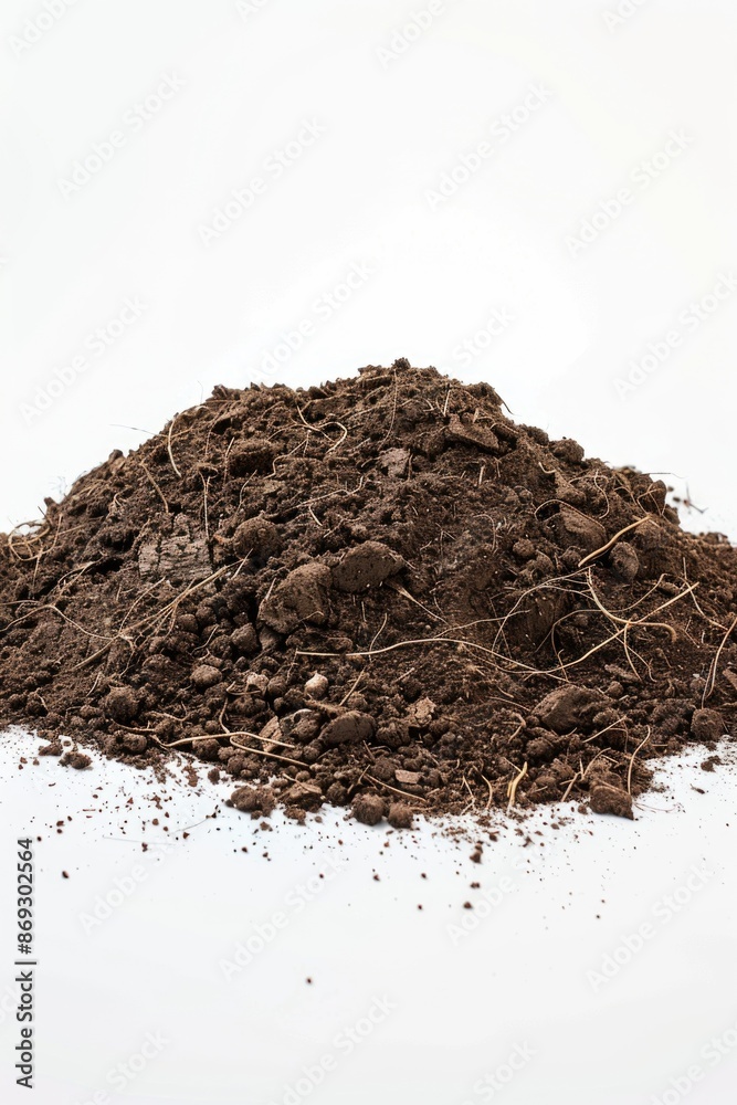 Poster a small mound of dirt sits on top of a clean white surface, ideal for use in illustrations or photog