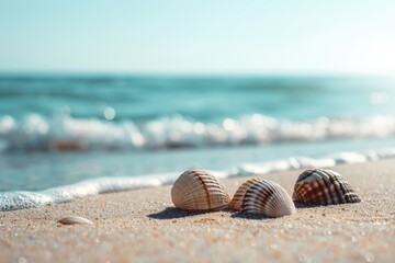 Obraz premium Seashells on a sandy beach, great for travel or beach-themed images