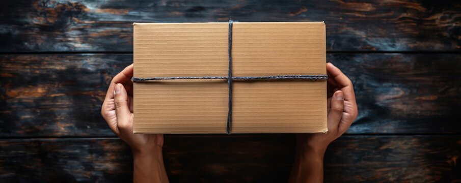 Two hands holding a cardboard box wrapped with twine against a dark wooden background